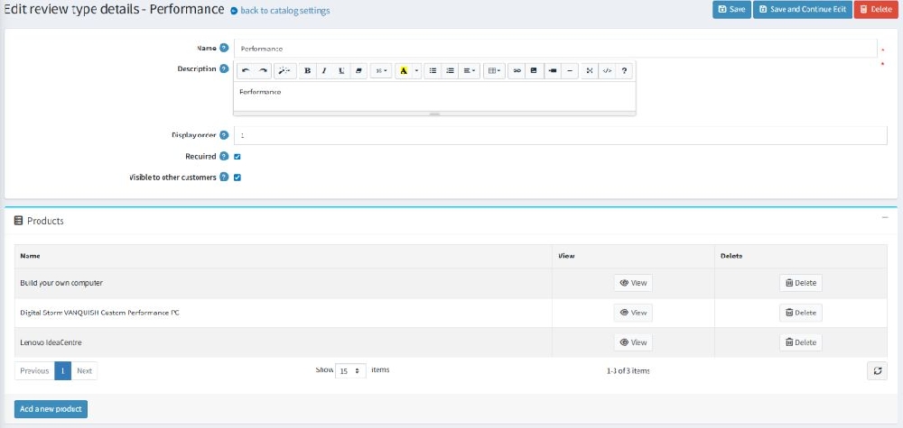 extended product review plugin allows to add and manage products per review type while editing a review type